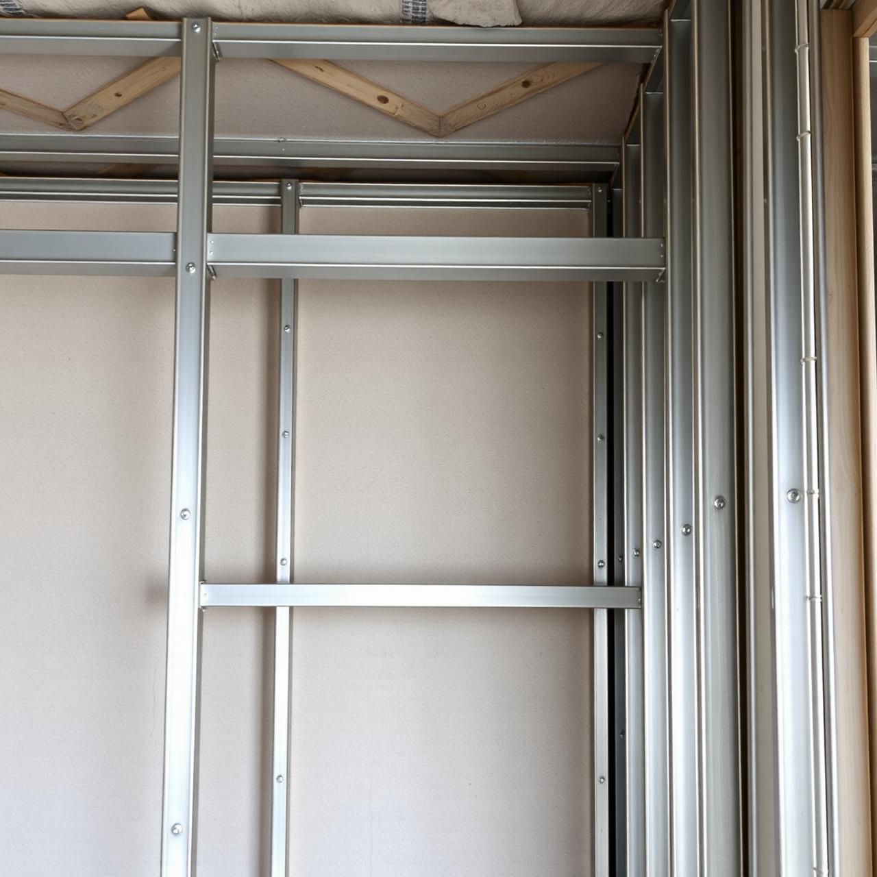 Trockenbauwand mit Metall-Ständerwerk und Gipskartonplatten auf einer Baustelle in Halle